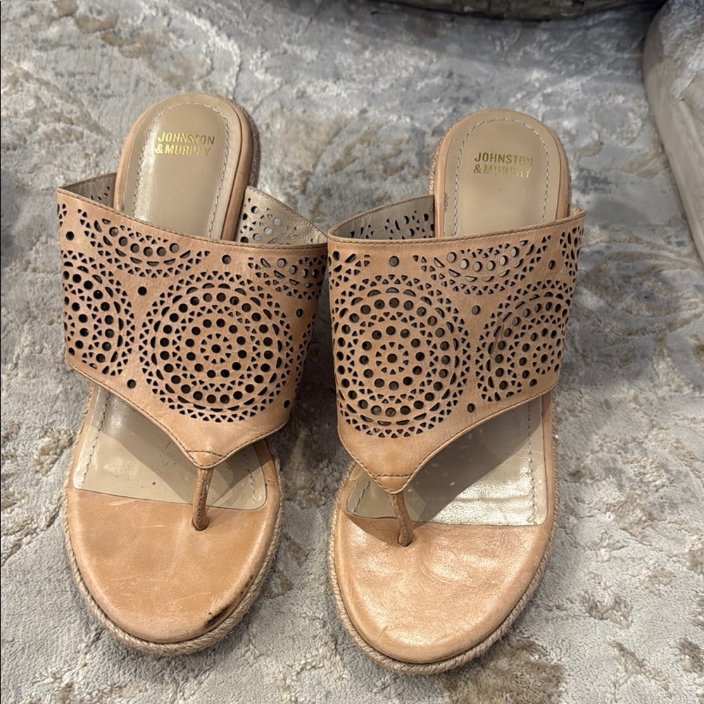 Johnston & Murphy Tan Sandals with Laser-Cut Design